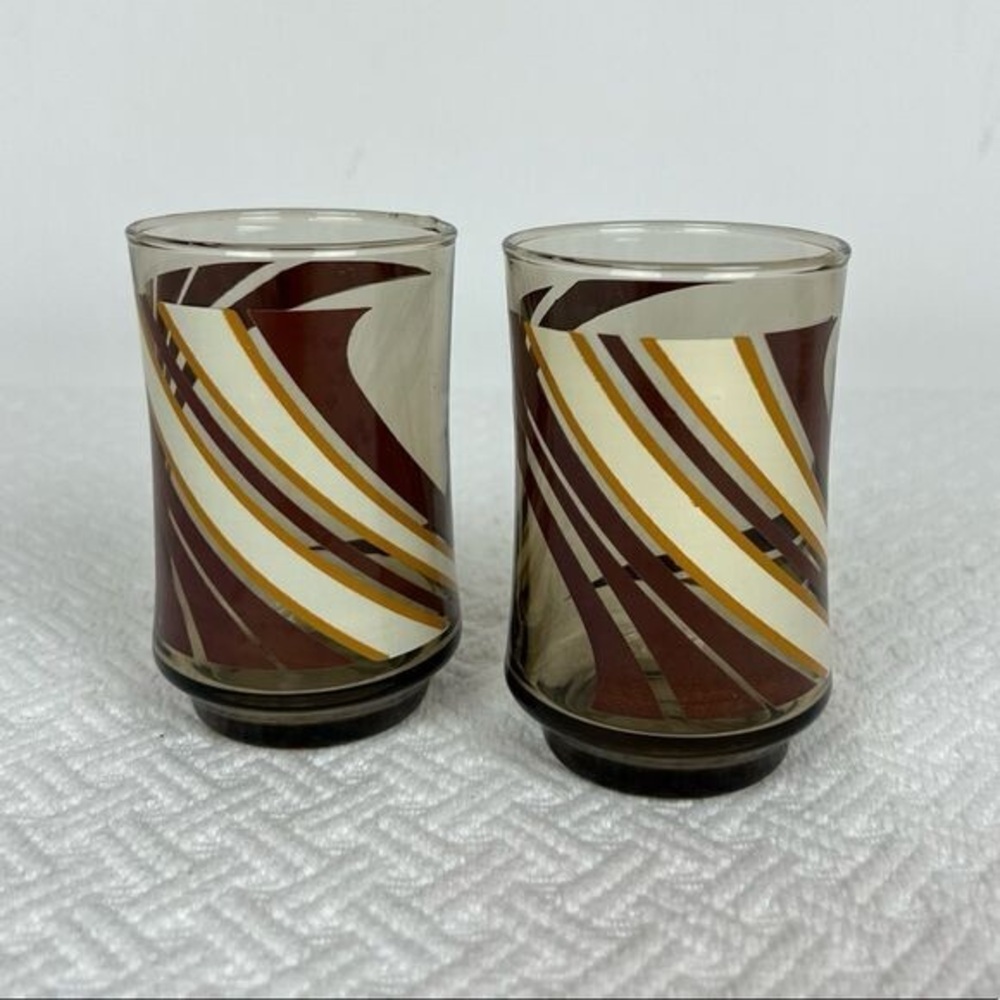 Pair Vintage 70s 1970s MCM Smokey Swirl Drinking Galsses Brown Neutral Set Retro